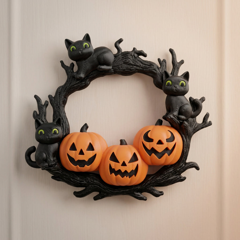 Ghirlanda zucca e gatti – Decorazione festiva di Halloween