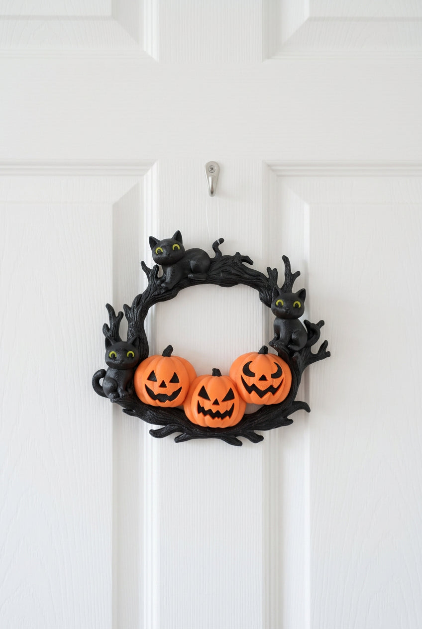 Ghirlanda zucca e gatti – Decorazione festiva di Halloween